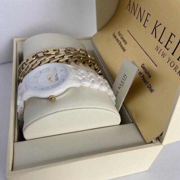 Anne Klein Ladies 12/7740WTST White Ceramic Watch w/ 2- Gold Tone SS Bracelets - Picture 9 of 11